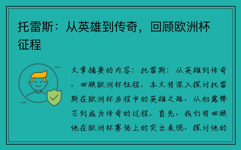 托雷斯：从英雄到传奇，回顾欧洲杯征程