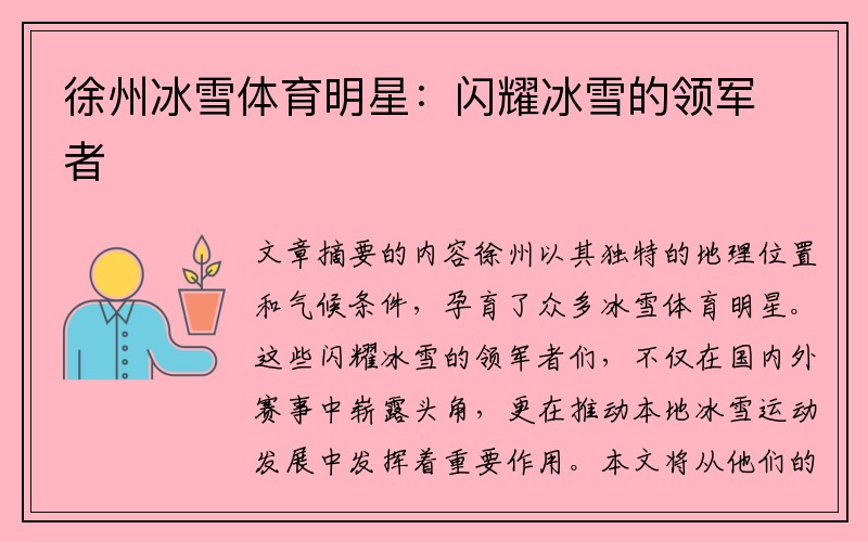 徐州冰雪体育明星：闪耀冰雪的领军者